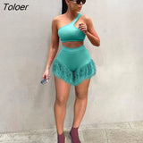 Solid Feather Fringe Shorts Crop Top Two Piece Set Summer Streetwear Women Sexy Bodycon Tracksuit Party Outfits