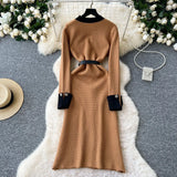 And Winter Small Fragrant Style Long-Sleeved Temperament Dress Elegant Metal Button Decoration Waist Open Fork Knitting