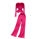 Small Fragrant Wind Metal Collar Collar Repair Long-Sleeved Knitted Shirt Women High-Waist Casual Pants Two