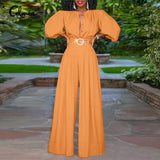 Elegant Long Jumpsuits Women 3/4 Sleeve Vintage High Waist Wide Leg Rompers Casual Pleated Party Overalls Loose Pants No