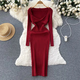 French Vinage Sexy Knitted Dress Autumn Long Sleeve Sheath Knit Dress Women 2022 Fashion Striped Knitted Long
