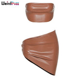 Puss Women PU Leather Sexy Off Shoulder Y2K Two Piece Set Backless Crop Top+Asymmetry Skrit Matching Skinny Party