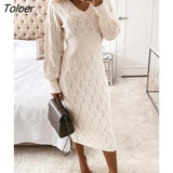 Women Knitted Long Sleeve Dress Elegant V Neck Hollow Party Long Dresses Casual Autumn Winter White Plus Size Basic