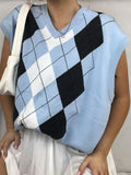 E-girl Women Rhombus Sweater V Neck Sleeveless Vest Blue Preppy Style Knitted Vests Plaid Soft Crop Top