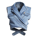 Women Blue Denim Irregular Blouse New Lapel Long Puff Sleeve Loose Fit Shirt Fashion Tide Spring Autumn 2023