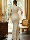 O Neck Sequin Evening Dresses Long 2023 New Women Mermaid Formal Dress Party Gown Bodycon Maxi Prom Bat Sleeves