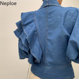 Fall 2023 Women Clothing Cropped Denim Jacket Vintage Turn-down Collar Puff Sleeve Ruffles Crop Tops Korean Jean