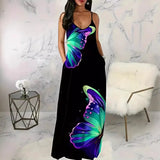 New Ladies Digital Print Butterfly Sexy V-Neck Dress Suspension Dress Women's