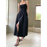New Texture Jacquard Vintage Black Spaghetti Strap Square Collar A-Line Ankle-Length Dresses
