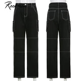Rockmore High Waist Jeans Woman Wide Leg Denim Boyfriend Streetwear Clothing Cotton Fashion Harajuku Pocket Straight Cargo
