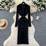 Small Fragrant Style High-Level Sense V-Neck Metal Buckle Waist Knitted Dress Women Autumn Body Fork Long