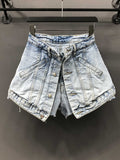 Solid Hot Women's Fake Two Pieces Of High Waist A-line Thin Denim Shorts Street Style Mall Goth 2023 Summer