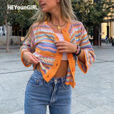 Rainbow Striped Casual Knitted Cropped Cardigan Y2K Vintage Fashion Long Sleeve Sweater Women Autumn Jumpers