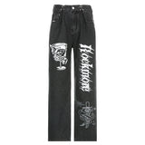 Rockmore Gothic Street Jeans Women'S Low Waist Wide Leg Pants Y2K Print Baggy Casual Straight Cargo Denim Trousers Female