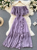 Sexy Slash Neck Chiffon Long Dress Women Red/Green/Purple Irregular Ruffle Short Sleeve High Waist Beach Vestidos Female