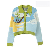 2022 Women Winter Cardigans With Turn-Down Collar Seaside Scenery Print Long Sleeve Knitted Outwear Green Yellow