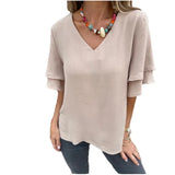 Summer Solid Female Loose V-Necked Leaf Sleeve Top High Temperature Stereotyped