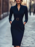 Elegant Spring And Autumn Long Sleeve Pocket Dress With