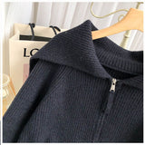 Solid Sweater Cardigan Women Sailor Collar Knitted Sweater Coats Casual Loose Zip Up Korean Fashion Knitwear Chic