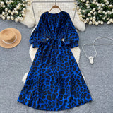 Retro Niche Print Dress Woman 2025 Autumn Strap To The Waist Round Lantern Sleeves Thin
