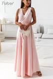 For Women 2023 Sexy Loose Slim V Neck Solid Color Long Dresses White Sleeveless Elegant Party Evening Robe Maxi