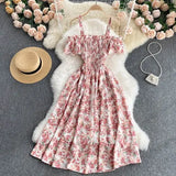 Summer Sexy Slash Neck Spaghetti Strap Midi Dress Women Casual Off Shoulder Short Sleeve Vacation Beach Robe Female