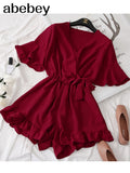 Women Rompers casual wide leg pants overalls short sleeve v neck solid playsuits summer beach chiffon ruffle