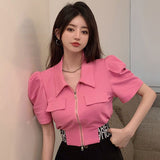 Blusas De Mujer Summer Blouses for Women Puff Sleeve Zipper Crop Tops Temperament Shirts Fashion Korean Tunic White