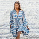 Europe and The United States New Loose V-neck Print Dress Holiday Vacation Geometric Striped Casual Beach Dress