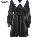 Streetwear Pu Spliced Peter Pan Collar Mini Dress Female Leather High Waist Autumn Black Dress Long Sleeve Trendy