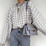 Women geometric khaki knitted sweater women casual Houndstooth lady pullover sweater female Autumn winter retro