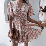 Leisure Short Sleeve V-Neck Crum Striped Lotus Leaf-Side Dress Women's