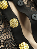 Black Lace Dress Women Single-breasted Lapel Neck Elegant Vestido Dresses Lady Golden Button Hollow Out Hook Sexy