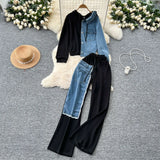 Kong Flavor Casual Suit Female Fashion Design Stitching Fake Two Hooded Jacket High-Waisted Cowboy Splicing Wide Leg