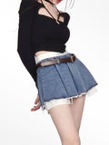 Sexy Korean Denim Micro Skirt Women Y2K High Waist Irregular Patchwork Fake Two-piece Pleated Mini Skirt
