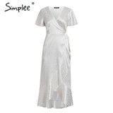 Party Leopard print party dress Sexy V-neck short sleeves dots wrap dress Women elegant split lace ruffled belt long