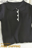 Summer 2023 Women's Polo Shirts Slim Cute Crop Tops Female Button Up T-shirt Knitted Blouses Femme Short Sleeve Polo