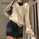 Sweetown Autumn Winter 2021 Knitted Pullovers Solid Preppy Style V Neck Lantern Sleeve Sweaters For Women Fashion Casual