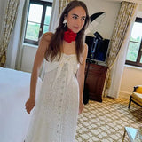 White Lace Buttoned Halter Midi Dress-Outfit