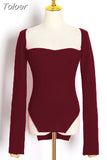 2023 New Autumn Sexy Stylish Sqaure Collar Full Sleeves Knitting Pullover Sexy Slim T-shirt Female Top
