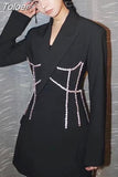 2023 NewAutumn And Autumn Fashion Casual Long Sleeve Solid Color Slim Patchwork Bling Rhinestone Blazer Coat Women's