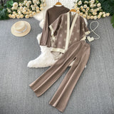 Ocean Gas Three-Piece Loose Wind Letter Embroidered Cardigan Jacket Bottom High Collar Knitting Tops Broad