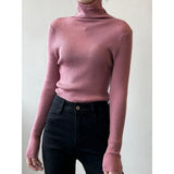 Women's Solid Color Turtleneck Slim Fitted Knit Tops 8 Colors Ribbed Striped Pit