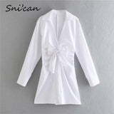 White V Neck Long Sleeve High Waist Sashes Dress Spring Fashion Bow Tie Mini Dresses Vintage Ladies Blazer Robe Za