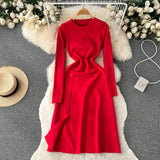 Autumn Women Split Knitted Dress Temperamant Long Sleeve O Neck Slim 2022 Fashion Party Solid Elastic Warm Long