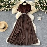 Summer Senior Round-Neck Short-Sleeved Dress, Tie, Waist Splicing, Elegant Large Hem