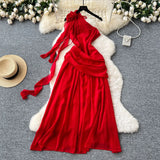 Three-Dimensional Flowers With Slanted Shoulder Dress Women's Folds To Waist Chic Design Irregular Vacation