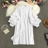 New Summer Fashion All-match stand collar puff sleeve Dress multi layer Ruffles loose Shirt