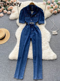 Summer Vintage Denim Playsuits Women's Short Sleeve Bodycon Casual Long Rompers Jumpsuit Jeans Overalls For