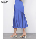 Office Satin Skirts Elegant Summer All-Match High Waist Sliky Long Trumpet Skirts Casual Zipper-Up Mid-Calf Skirt Lady
